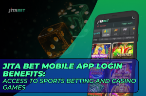 Jita Bet mobile app login interface highlighting advantages for accessing sports betting and casino games.